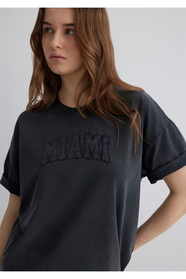 MAVİ KADIN MIAMI BASKILI TİŞÖRT Kömür 1613217-70087