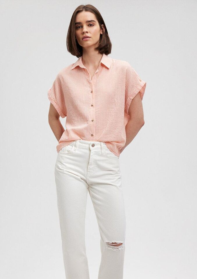 MAVİ KADIN KISA KOLLU GÖMLEK Pembe Çizgili 1210445-84593