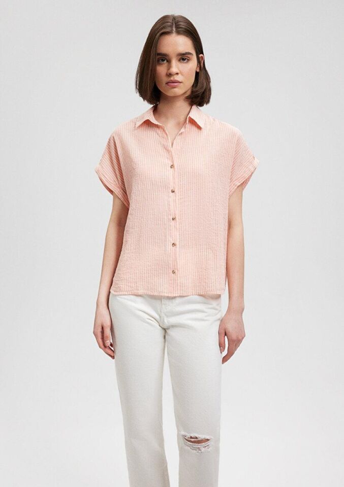 MAVİ KADIN KISA KOLLU GÖMLEK Pembe Çizgili 1210445-84593