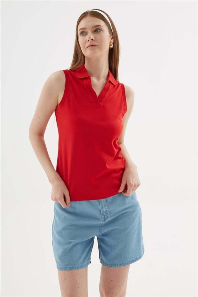 FASHION FRIENDS KADIN POLO V YAKA KOLSUZ T-SHİRT 25Y0516K1