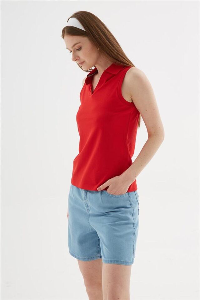 FASHION FRIENDS KADIN POLO V YAKA KOLSUZ T-SHİRT 25Y0516K1