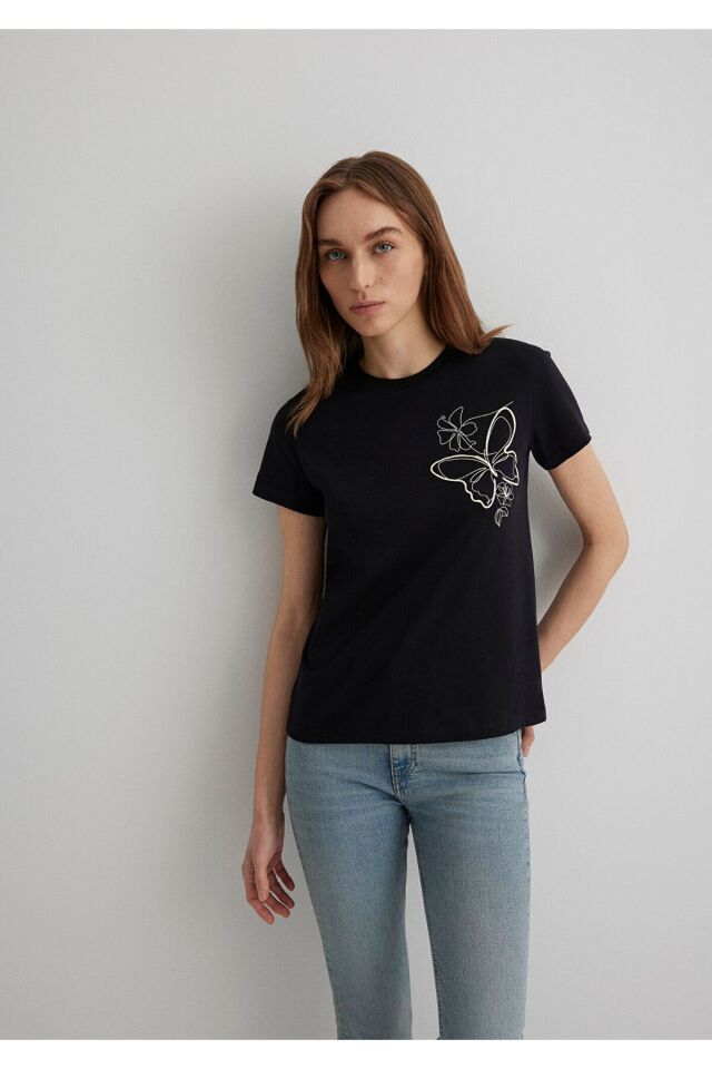 MAVİ KADIN KELEBEK BASKILI TİŞÖRT Siyah 1613187-900