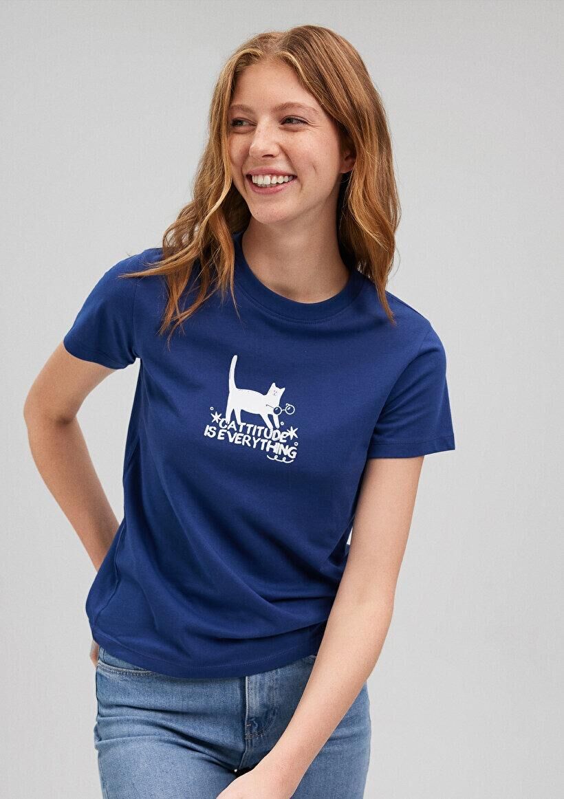 MAVİ KADIN KEDİ BASKILI GRAFIK TIŞORT Koyu Saks Mav 1612202-70722