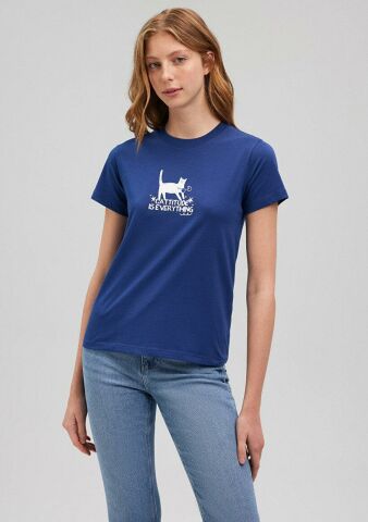 MAVİ KADIN KEDİ BASKILI GRAFIK TIŞORT Koyu Saks Mav 1612202-70722