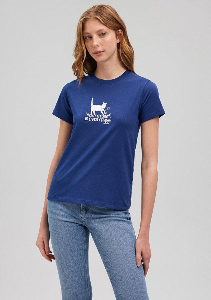 MAVİ KADIN KEDİ BASKILI GRAFIK TIŞORT Koyu Saks Mav 1612202-70722
