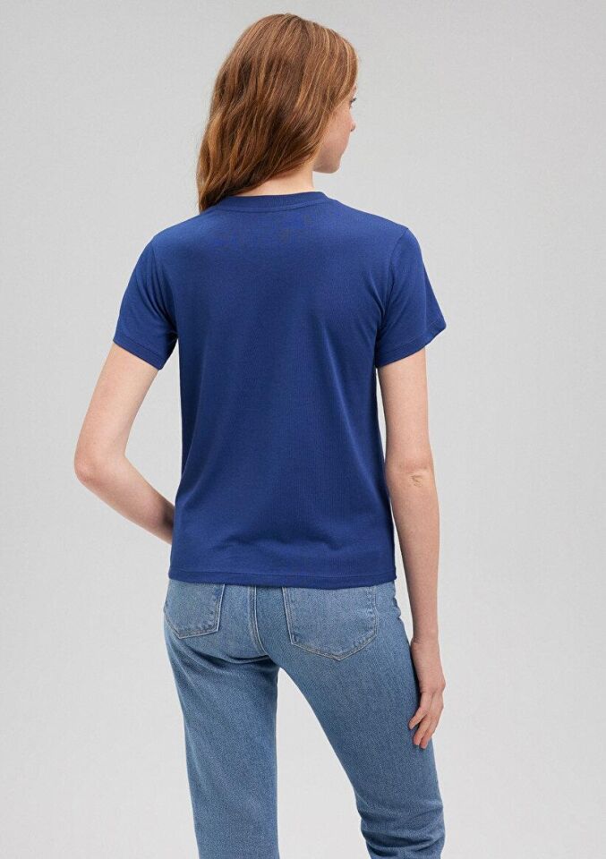 MAVİ KADIN KEDİ BASKILI GRAFIK TIŞORT Koyu Saks Mav 1612202-70722