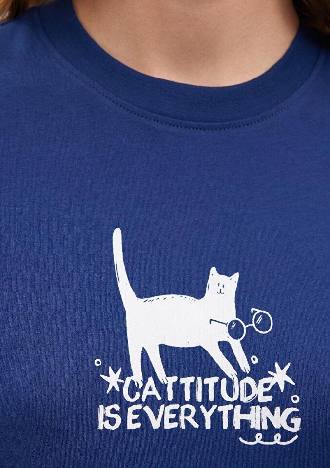 MAVİ KADIN KEDİ BASKILI GRAFIK TIŞORT Koyu Saks Mav 1612202-70722
