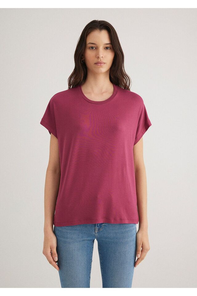 MAVİ KADIN BİSİKLET YAKA BASİC TİŞÖRT Beaujolais 1611649-70919 XS - PEMBE