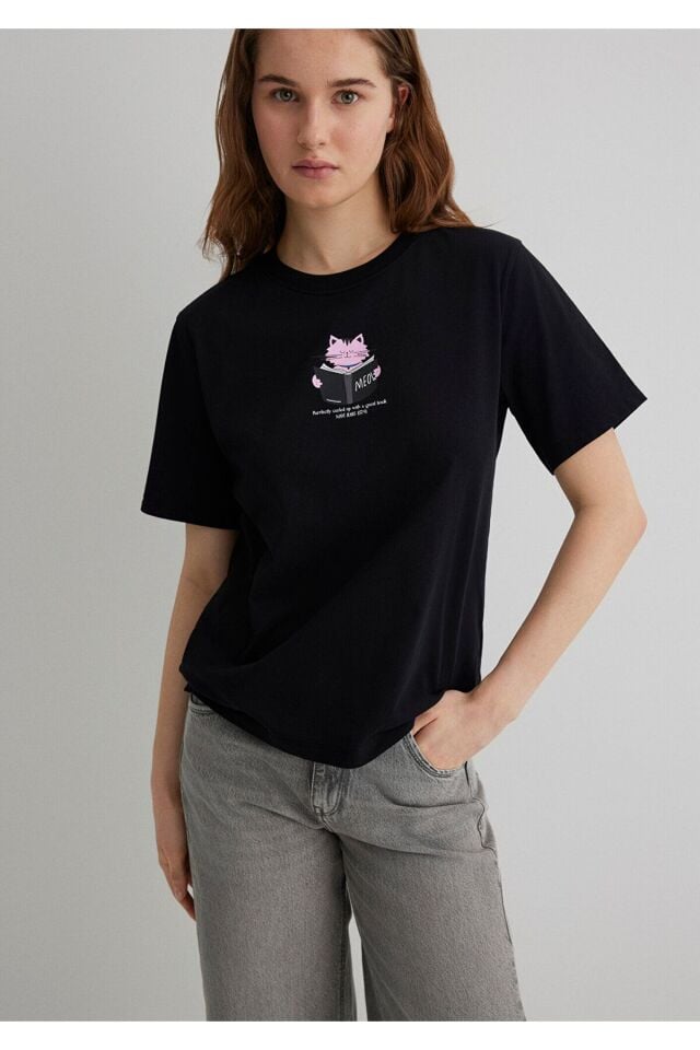 MAVİ KADIN KEDİ BASKILI TİŞÖRT Siyah 1613176-900