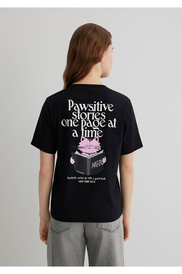 MAVİ KADIN KEDİ BASKILI TİŞÖRT Siyah 1613176-900