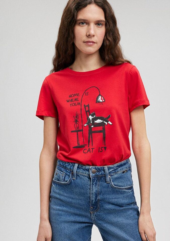 MAVİ KADIN KEDİ BASKILI TİŞÖRT Acı Kırmızı 1612390-82054