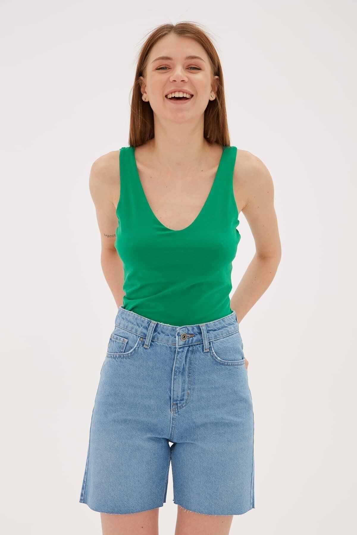 FASHION FRIENDS KADIN V YAKA SIRT ÇAPRAZ ASKILI ATLET 23Y-ATL0535K1 YEŞİL - M