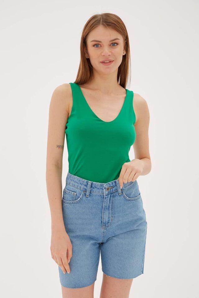 FASHION FRIENDS KADIN V YAKA SIRT ÇAPRAZ ASKILI ATLET 23Y-ATL0535K1 YEŞİL - M