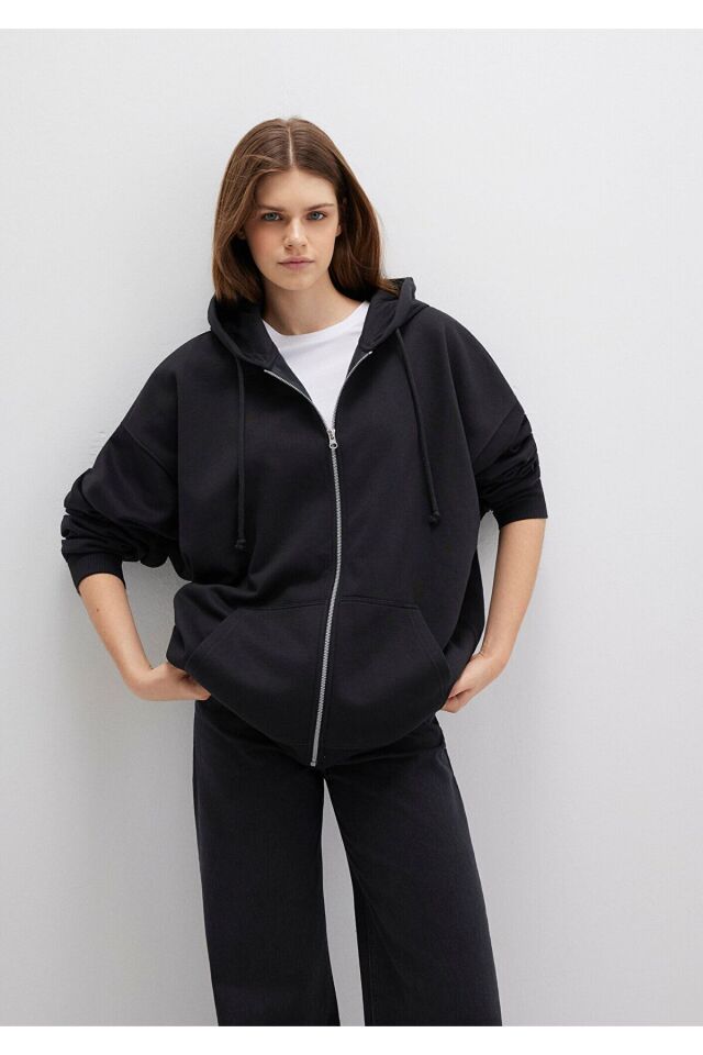 MAVİ KADIN FERMUARLI KAPÜŞONLU SWEATSHIRT Siyah 1610221-900