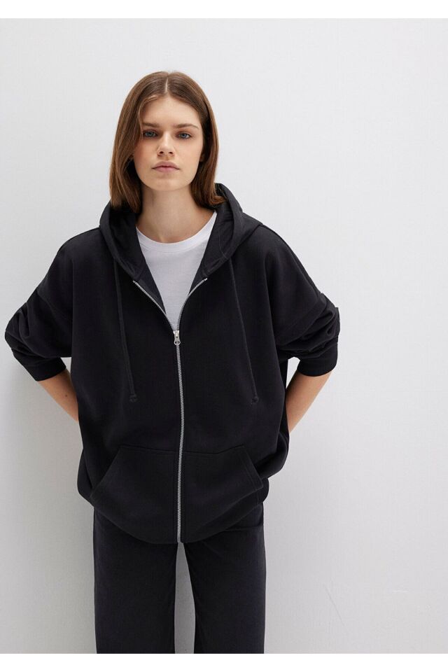 MAVİ KADIN FERMUARLI KAPÜŞONLU SWEATSHIRT Siyah 1610221-900
