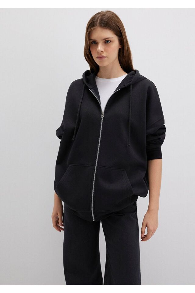 MAVİ KADIN FERMUARLI KAPÜŞONLU SWEATSHIRT Siyah 1610221-900