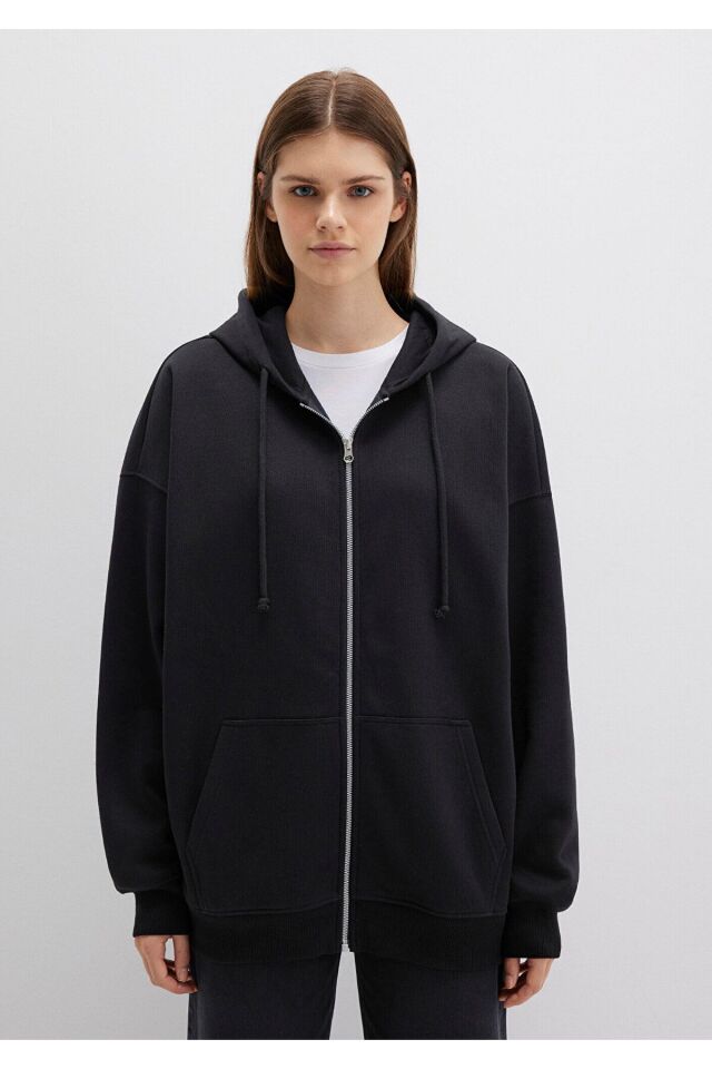 MAVİ KADIN FERMUARLI KAPÜŞONLU SWEATSHIRT Siyah 1610221-900