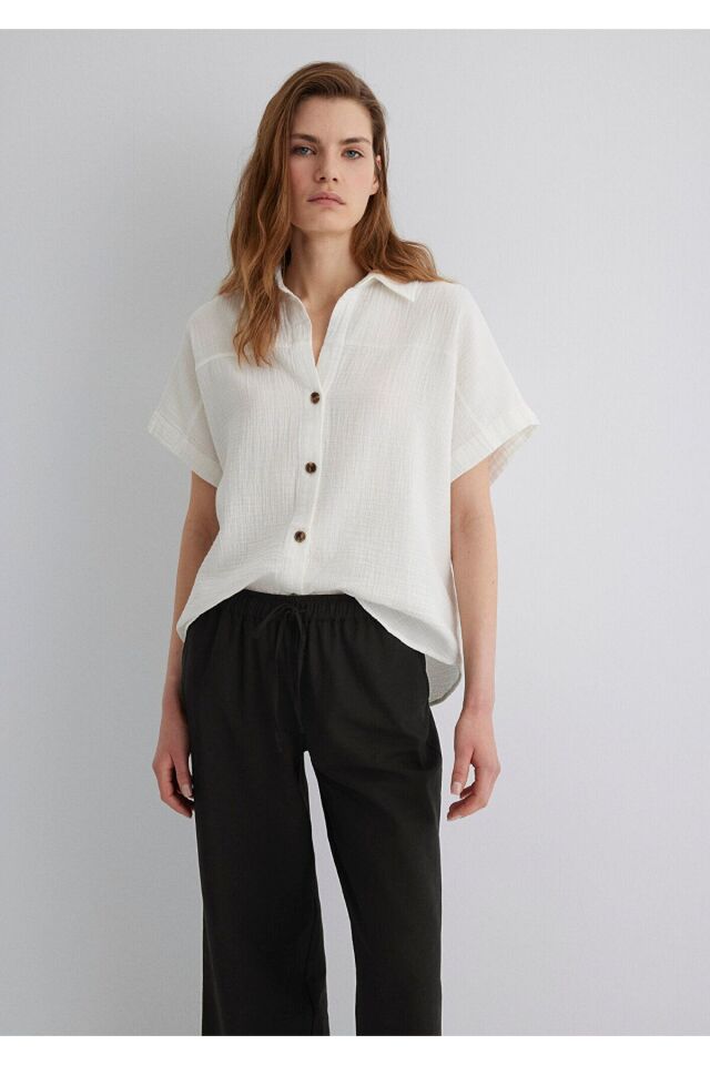 MAVİ KADIN KISA KOLLU GÖMLEK Kırık Beyaz 1210758-70057