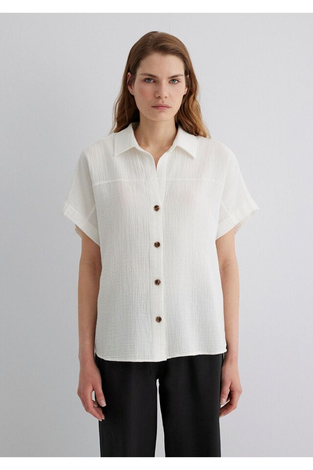 MAVİ KADIN KISA KOLLU GÖMLEK Kırık Beyaz 1210758-70057