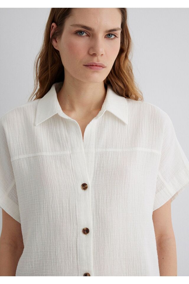 MAVİ KADIN KISA KOLLU GÖMLEK Kırık Beyaz 1210758-70057