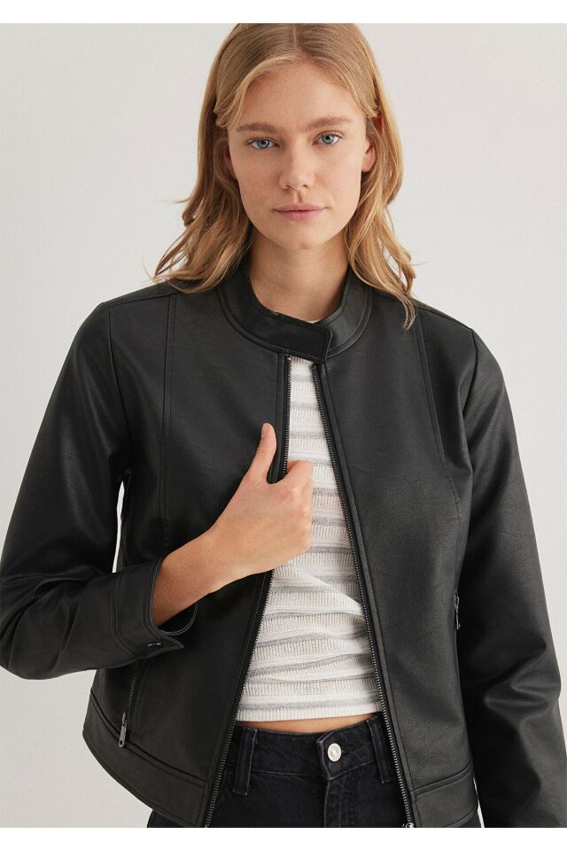 MAVİ KADIN DİK YAKA PU CEKET Siyah 1110598-900