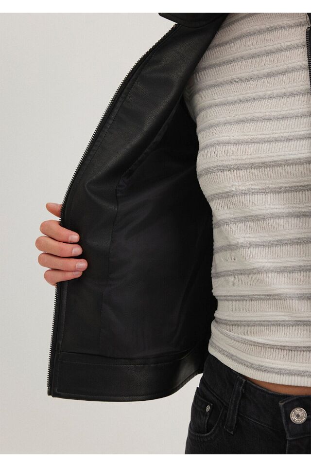 MAVİ KADIN DİK YAKA PU CEKET Siyah 1110598-900