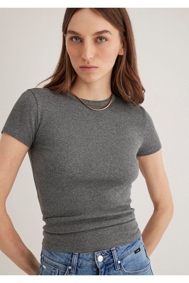 MAVİ KADIN KISA KOLLU BASİC Gri Melanj 1613081-83096