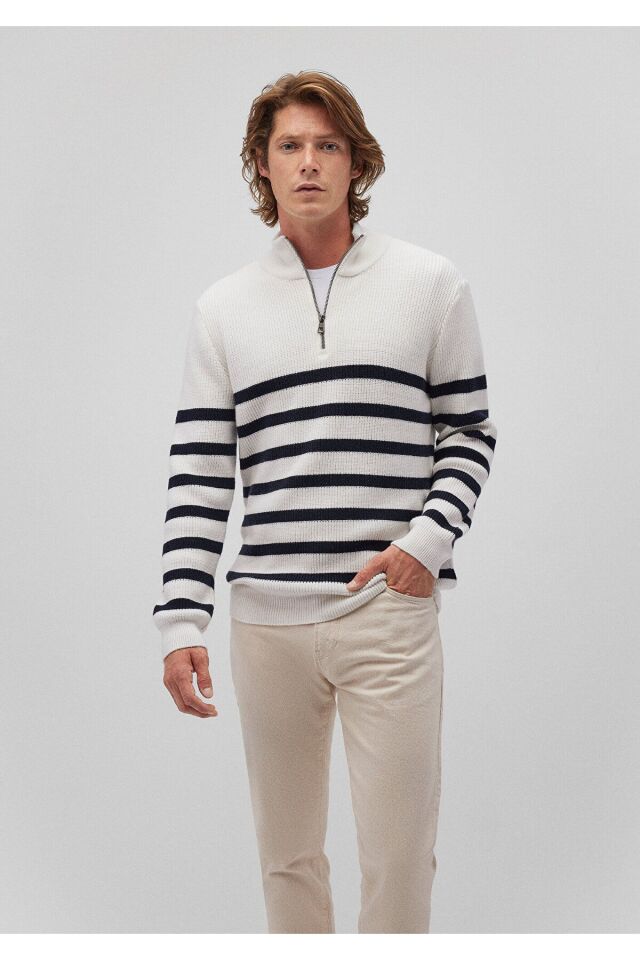 MAVİ ERKEK ÇİZGİLİ FERMUARLI KAZAK Kırık Beyaz 0710131-70057