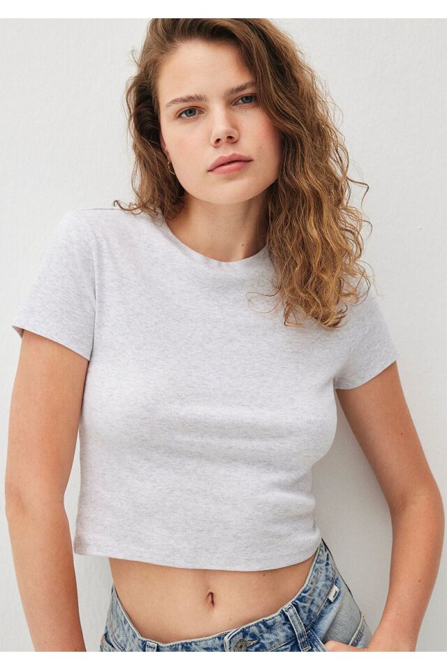 MAVİ KADIN YUVARLAK YAKA BASIC TİŞÖRT KAR GRİ MELAN 1600814-85438