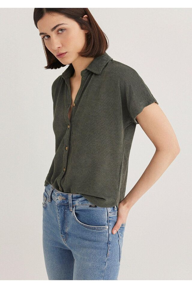 MAVİ KADIN KISA KOLLU POLO YAKA PENYE Yosun Yeşili 1612142-71598