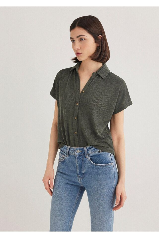 MAVİ KADIN KISA KOLLU POLO YAKA PENYE Yosun Yeşili 1612142-71598