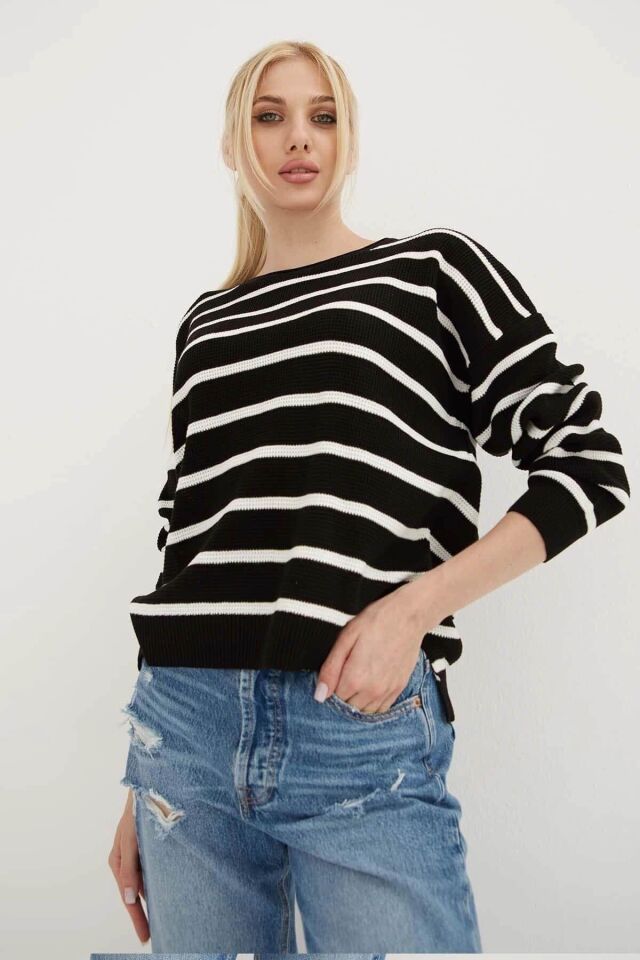 FASHION FRIENDS KADIN ÇİZGİLİ KAZAK 24K0477K1
