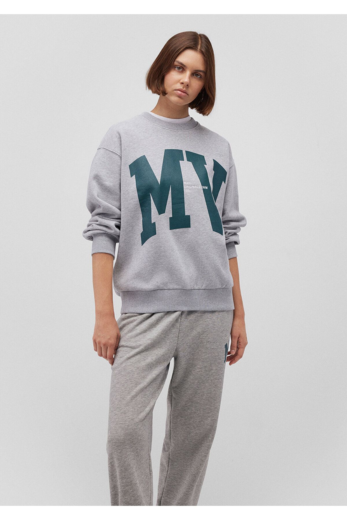 MAVİ KADIN BISIKLET YAKA LOGO SWEATSHIRT  Açık Gri 1S10147-80196 GRİ - XS