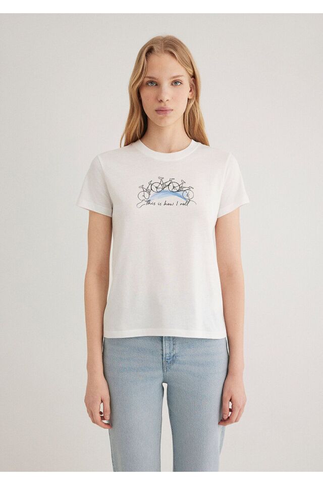 MAVİ KADIN BİSİKLET BASKILI GRAFİK TİŞÖRT Kırık Bey 1612982-70057