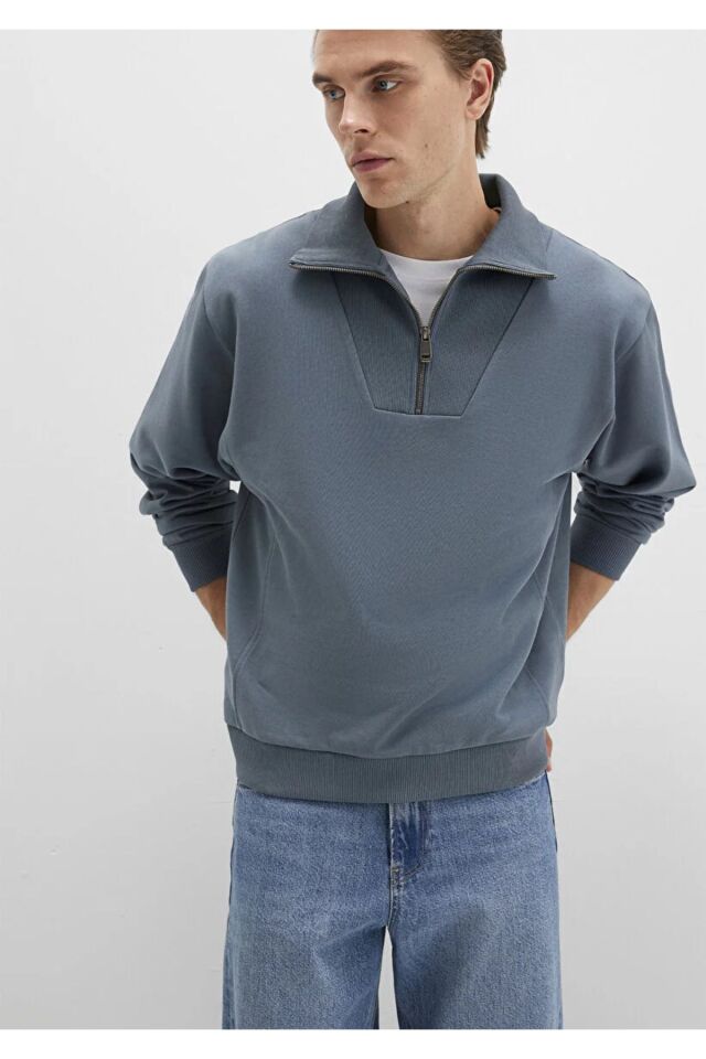 MAVİ ERKEK YARIM FERMUARLI SWEATSHIRT Fırtına Gri 0S10368-80889