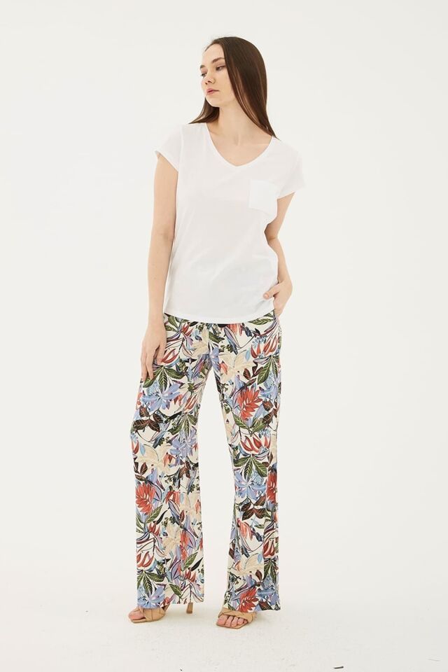 FASHION FRIENDS KADIN V YAKA CEPLİ T-SHİRT 23Y-TST0710K1 BEYAZ - XL