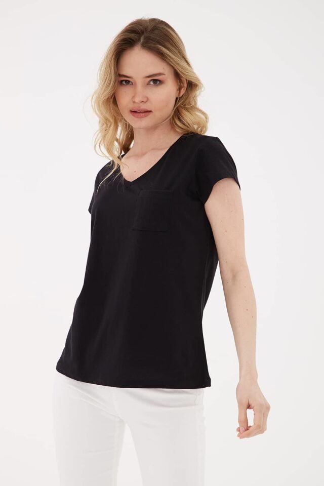 FASHION FRIENDS KADIN V YAKA CEPLİ T-SHİRT 23Y-TST0710K1 SİYAH - S
