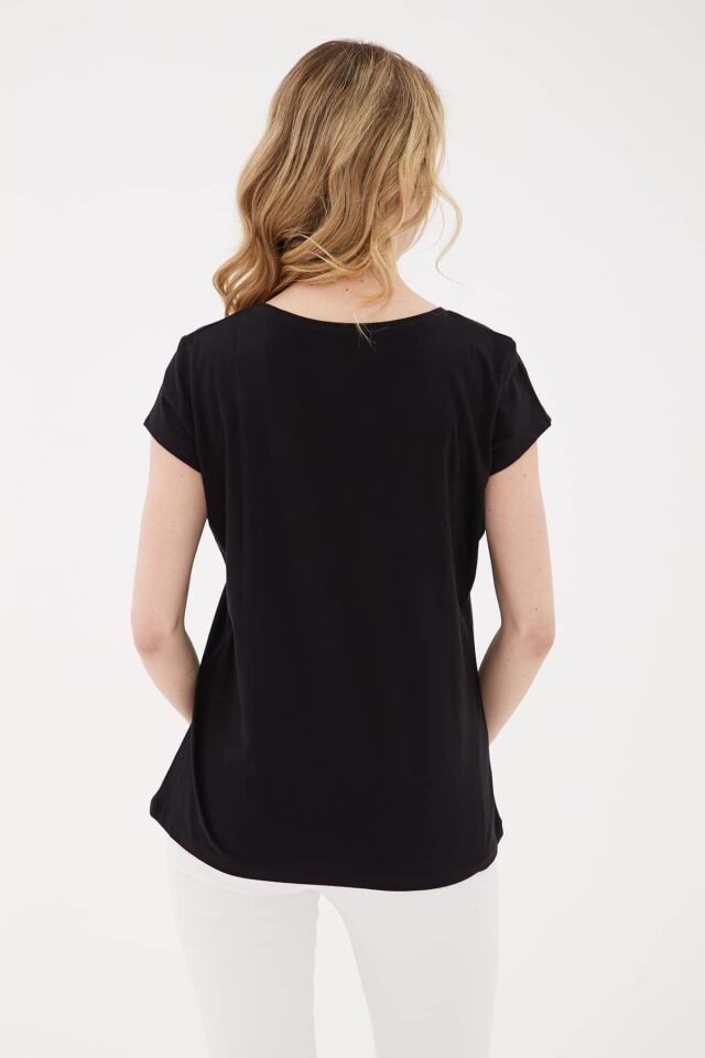 FASHION FRIENDS KADIN V YAKA CEPLİ T-SHİRT 23Y-TST0710K1 SİYAH - S