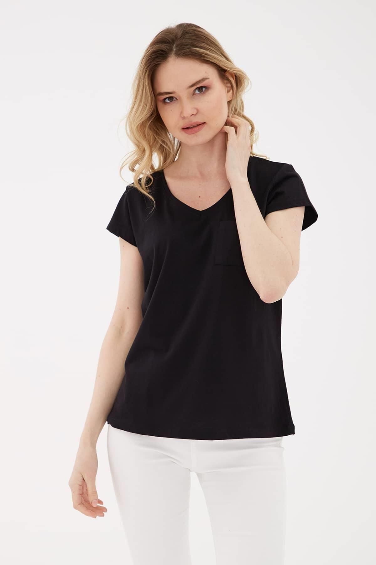 FASHION FRIENDS KADIN V YAKA CEPLİ T-SHİRT 23Y-TST0710K1 SİYAH - XL