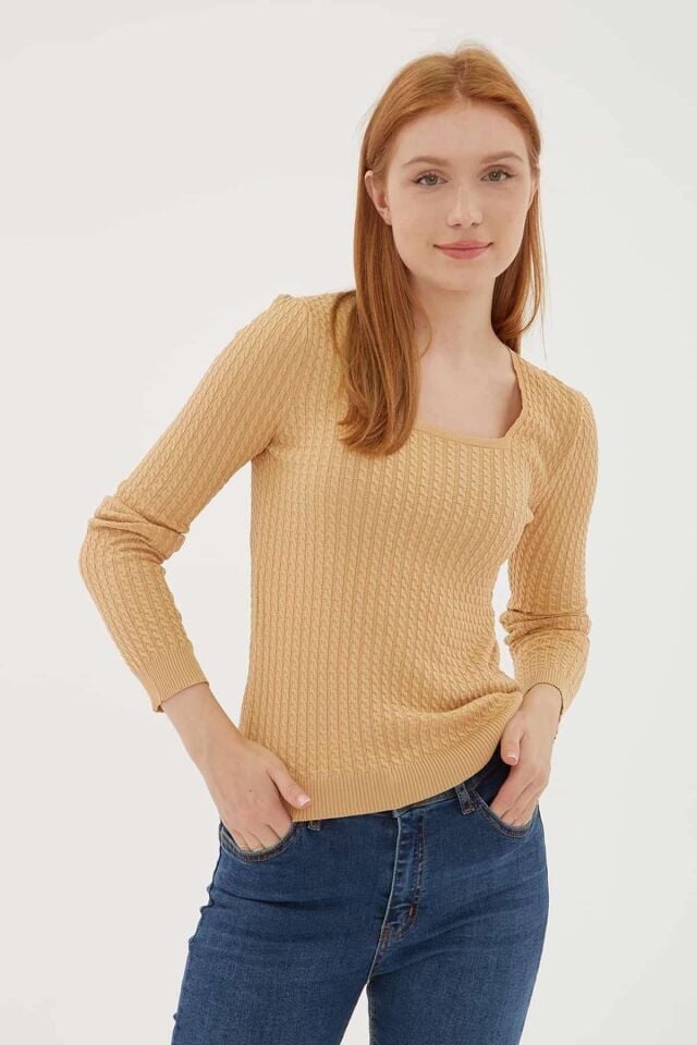 FASHION FRIENDS KADIN KARE YAKA SAÇ ÖRGÜLÜ KAZAK 23K0405K1