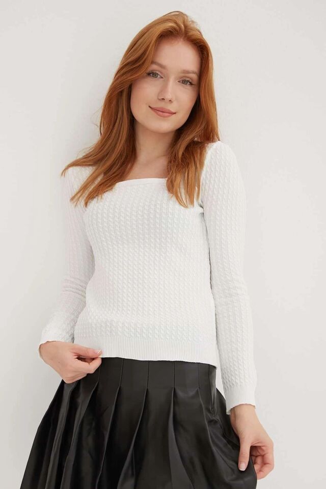 FASHION FRIENDS KADIN KARE YAKA SAÇ ÖRGÜLÜ KAZAK 23K0405K1