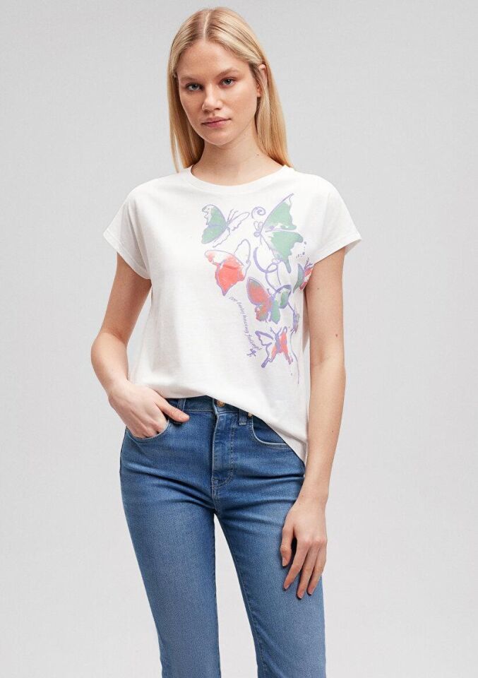 MAVİ KADIN KELEBEK BASKILI  GRAFIK TIŞORT Kırık Bey 1612212-70057