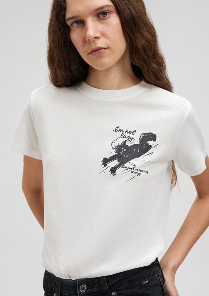 MAVİ KADIN KEDİ BASKILI TİŞÖRT Kırık Beyaz 1612233-70057