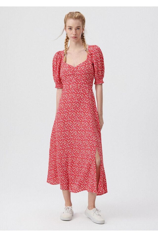 MAVİ KADIN UZUN DOKUMA ELBİSE Kırmızı Yaprak Baskı 131158-85358