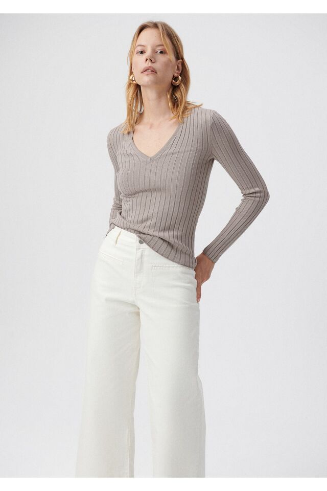 MAVİ KADIN V YAKA KAZAK Satellite 1710300-85322 GRİ - M