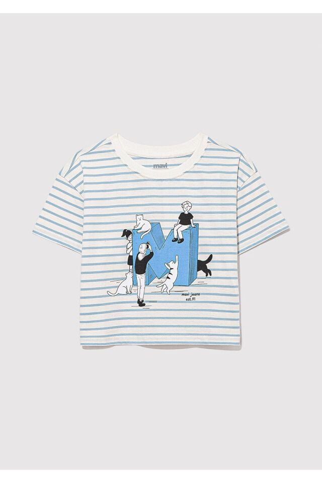 MAVİ ÇOCUK M BASKILI ÇİZGİLİ CROP TİŞÖRT Bebe Mavi 7610285-83766