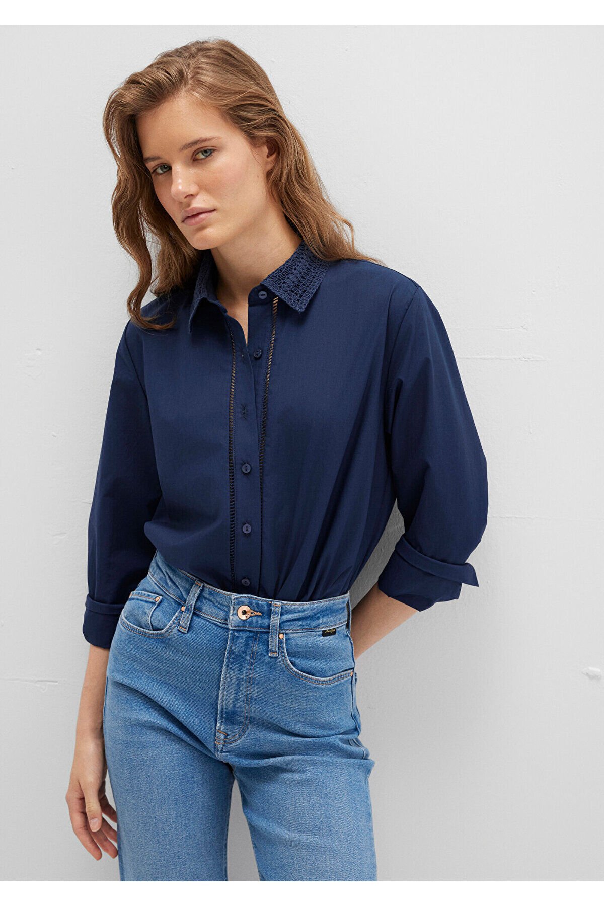 MAVİ KADIN UZUN KOLLU DOKUMA GÖMLEK  Koyu Lacivert 1211174-82318
