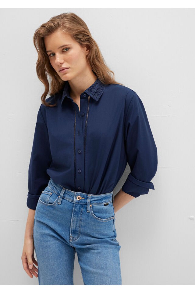 MAVİ KADIN UZUN KOLLU DOKUMA GÖMLEK  Koyu Lacivert 1211174-82318