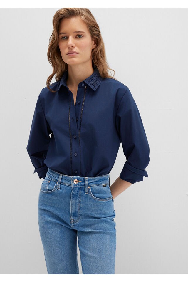 MAVİ KADIN UZUN KOLLU DOKUMA GÖMLEK  Koyu Lacivert 1211174-82318