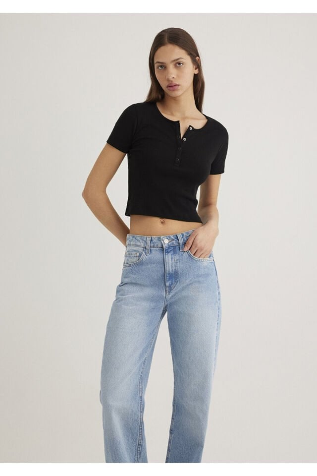 MAVİ KADIN DÜĞME DETAYLI CROP Siyah 1611639-900